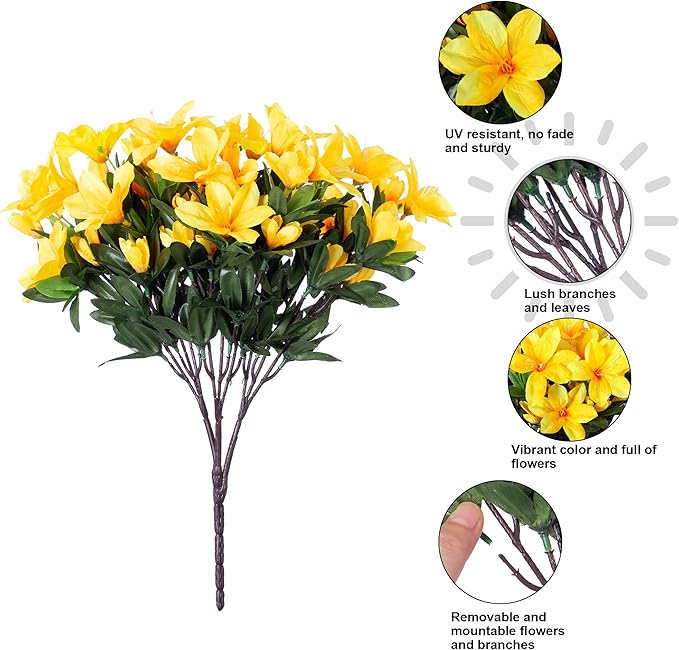 INSPRING Artificial Azalea Flowers Fake Plants for Outdoors Spring Summer Decoration, 3 Bundles UV Resistant Faux Silk Outside Flowers Look Real for Outdoor Planter Front Door Patio Garden, Yellow