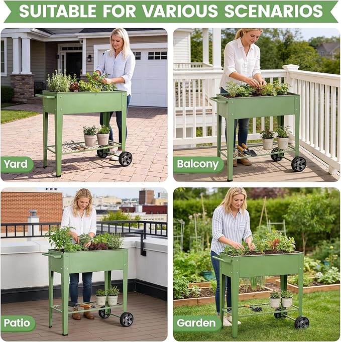 Tall Raised Garden Bed Outdoor with Wheels, Metal Elevated Raised Planter Box with Drainage Holes for Vegetables, Flower, Herbs(Green)