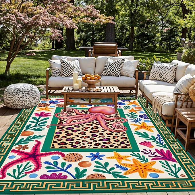 9x12 Octopus Leopard Print Ocean Outdoor Rug for Patio Deck Garden Poolside Porch Balcony Double Layer 3D Border Carpet Unique Waterproof Backyard Lawn RV Camping Outside Rugs Turquoise Pink