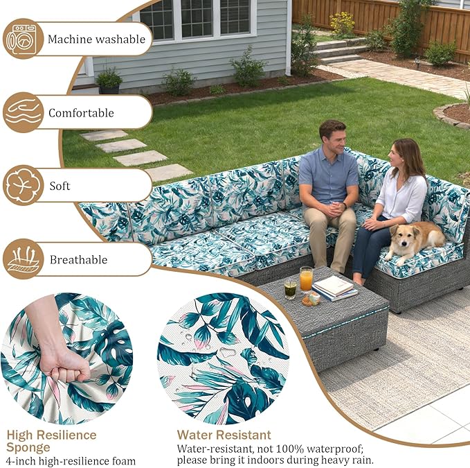 14 Pcs Outdoor Replacement Cushions for Patio Furniture, All Weather Water Resistant Cushion for 6 Seat Rattan Wicker Sectional Patio Conversation Sets and Couch (Lelf)
