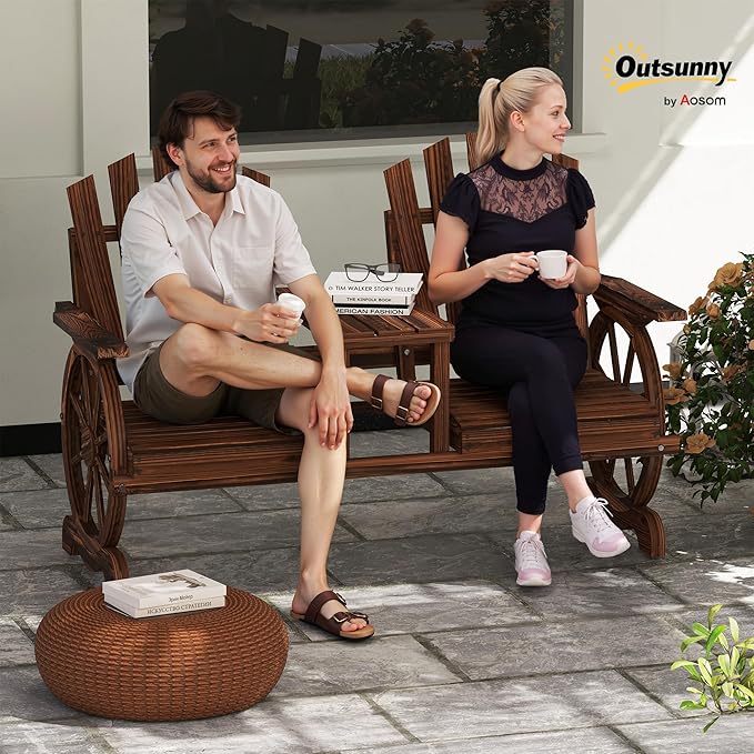 Outsunny Wooden Garden Bench with Table, Umbrella Hole, 2-Seat Wagon Wheel Outdoor Bench with Slatted Seat, High Backrest, Armrests for Backyard, Patio, Garden, Carbonized