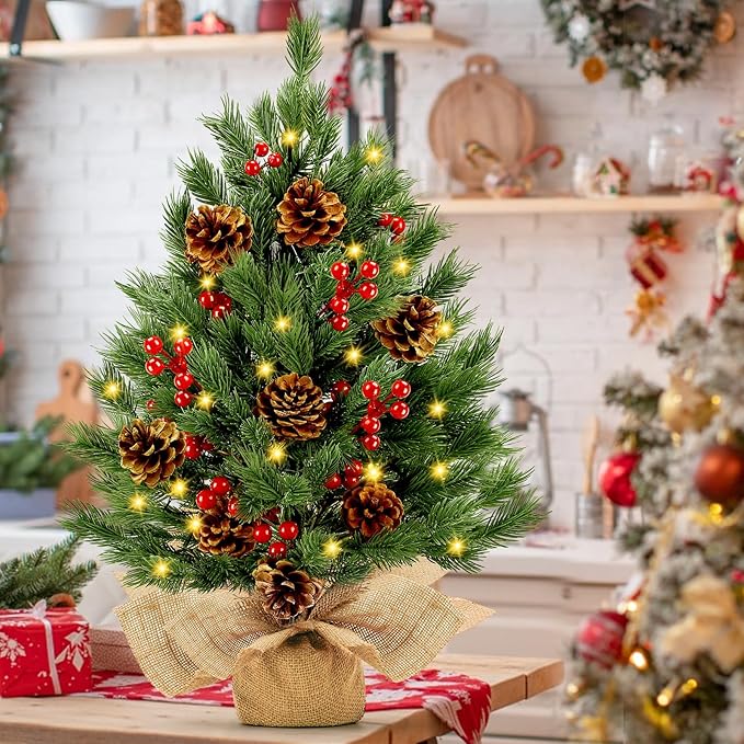 [ 8 Modes & Timer] 24 Inch Realistic Tabletop Christmas Tree Small Christmas Tree with 50 Warm Lights Battery Operated Indoor Home Table Christmas Decorations