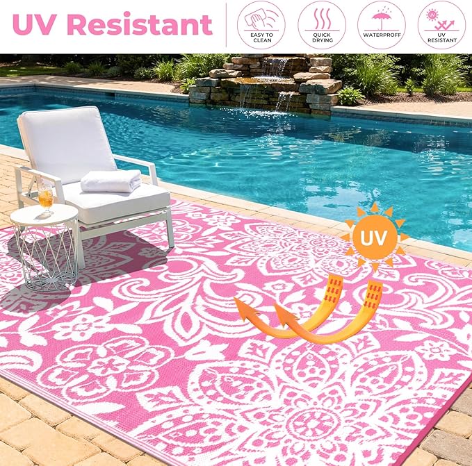 Findosom Waterproof Outdoor Rug 8' x 10' - Reversible Mandala Outdoor Plastic Straw Rug, Durable Foldable Patio Rug for RV, Deck, Balcony, Backyard, Picnic, Porch, Camping, Beach, Pink