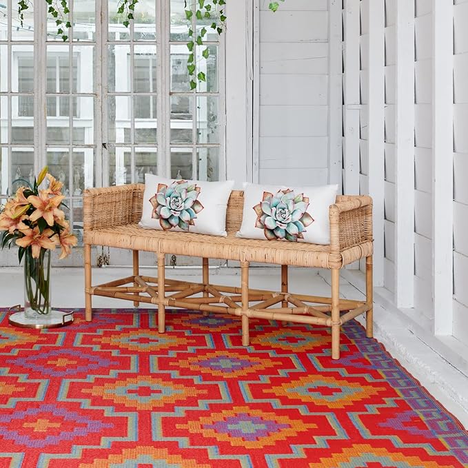 Fab Habitat Outdoor Rug - Waterproof, Fade Resistant, Crease-Free - Premium Recycled Plastic - Vintage Boho Kilim - Large Patio, Deck, Sunroom, Camping, RV - Lhasa - Orange & Violet - 8 x 8 ft