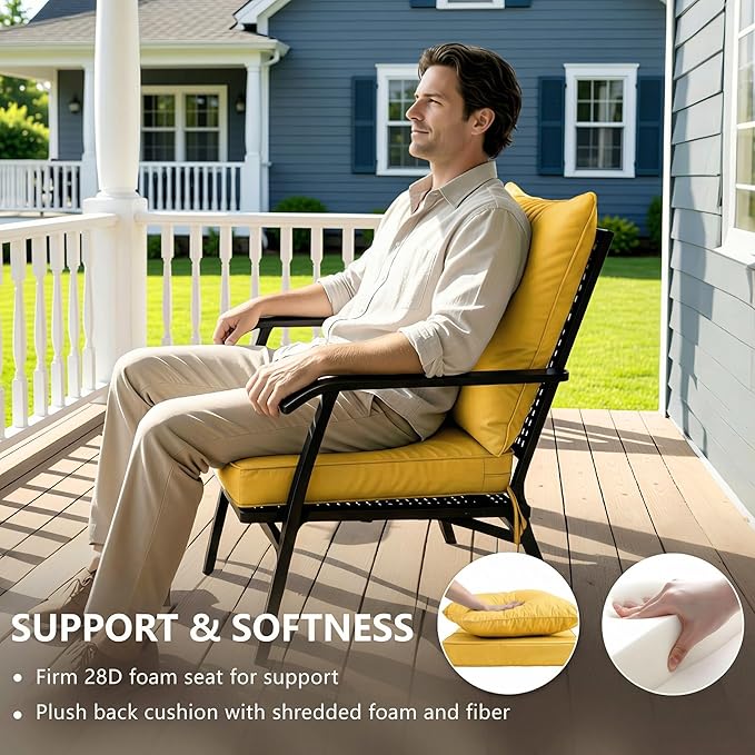 22x22 Inch Patio Chair Cushions Set of 4, Outdoor Furniture Cushions - Removable Cover, Water-Repellent, Fade-Resistant, Non-Slip Bottom & Straps, Replacement for Lawn, Porch & Deck Chair - Yellow