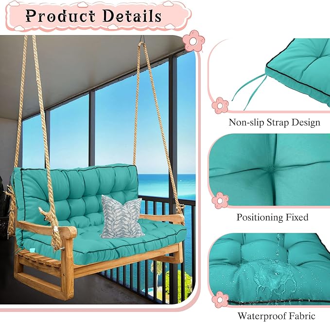 2-3 Seat Swing Replacement Cushion, Outdoor Bench Cushions with Backrest Thicken 4", Patio Furniture Garden Porch Loveseat Glider Pad Anti-Fading Waterproof (Lake Blue, 40x55in)