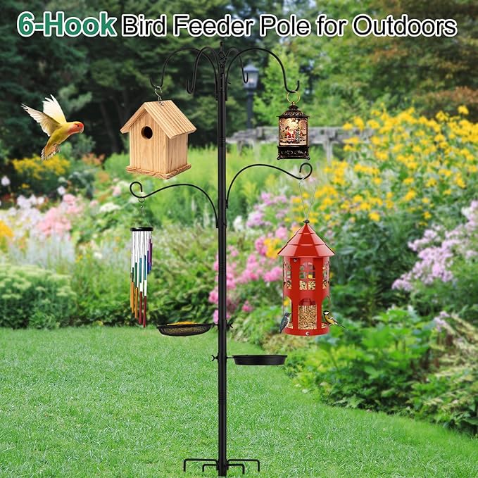 6-Hook Bird Feeding Station Kit,103 Inch Heavy Duty Shepherds Hooks for Outdoor,Adjustable Height Bird Feeder Pole with Mental Tray and Water Bowl,Attracting Wildbirds