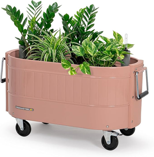 Permasteel Self-Watering Garden Bed, Rolling Planter for Vegetables, Flowers, Herbs, and Fruit, Outdoor Indoor, Caster Wheels, Pink