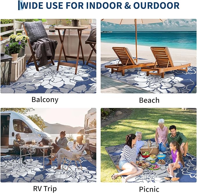 Large Waterproof Outdoor Rug 9x18 Weather Resistant Plastic Straw Rug, Reversible Floral Patio Carpet, Foldable RV Camping Mat with Stakes & Carry Bag, Outside Carpet for Garden, Dark Blue
