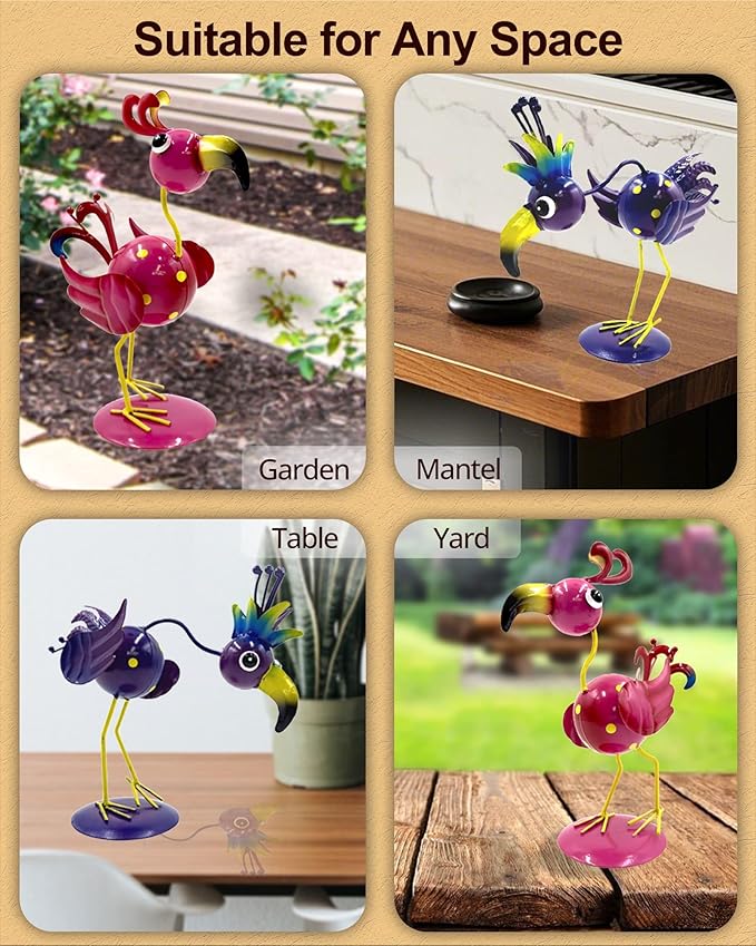 Metal Bird Statues for Outdoor Garden (with Round Base and Stake)(Weathering Resistant) 2 Pack Handcrafted Yard Bird Figurines Metal Art, Cute Lawn Ornaments Funny Decor Gift (Pink & Purple)