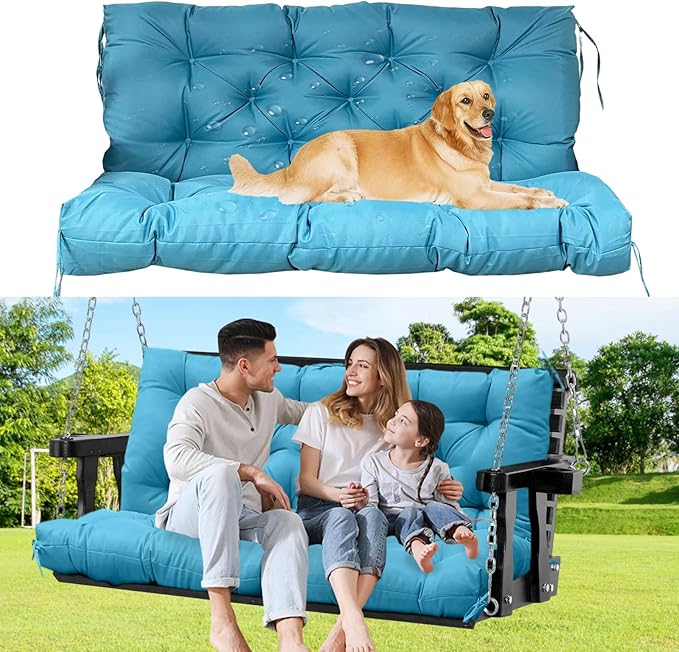 60" Porch Swing Cushion with Backrest, Waterproof Outdoor Bench Swing Cushions 3 Seater Replacement Thickened Swing Cushions with Ties for Patio Garden Backyard,Sky Blue,60x40in