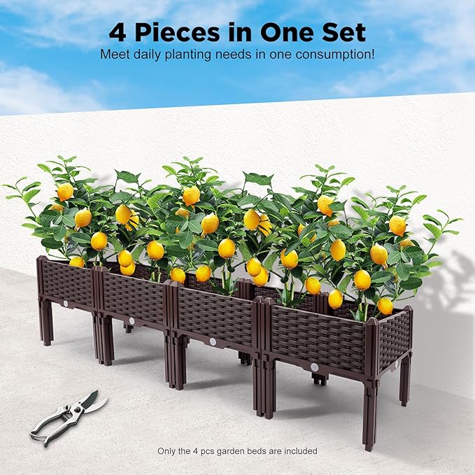 Set of 4 Raised Garden Bed with Legs Outdoor, Planter Raised Beds Kits with Drain Holes, Fruit Flowers Vegetables Standing Box for Patio Deck Porch Backyard