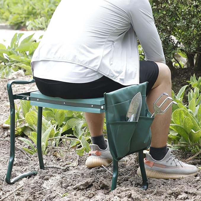 HomGarden Folding Garden Kneeler Seat Bench Stool w/Soft Kneeling Pad and Large Tool Pouch Foldable Gardener Stool