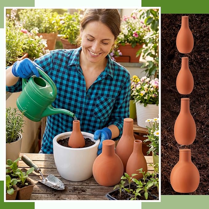 4 Pcs Self-Watering Ollas Terracotta Watering Pots with Lid, 12oz 20oz 33oz Terra Cotta Clay Plant Automatic Plant Irrigation Devices Clay Garden Olla Pots Plants Waterers 3 Size