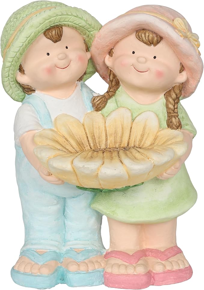Alpine Corporation QWR1372 Boy and Girl Holding Sunflower Birdbath, Playful Child Statue with Birdbath, 17" H, Multicolor