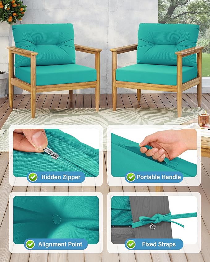YEFU 24x24 Outdoor Cushions for Patio Furniture: Waterproof Fade Resistant Outdoor Seat Cushions Set of 2 - Olefin Deep Seat Paio Cushion Pads Replacement with Ties for Chair Sofa Couch(Teal)