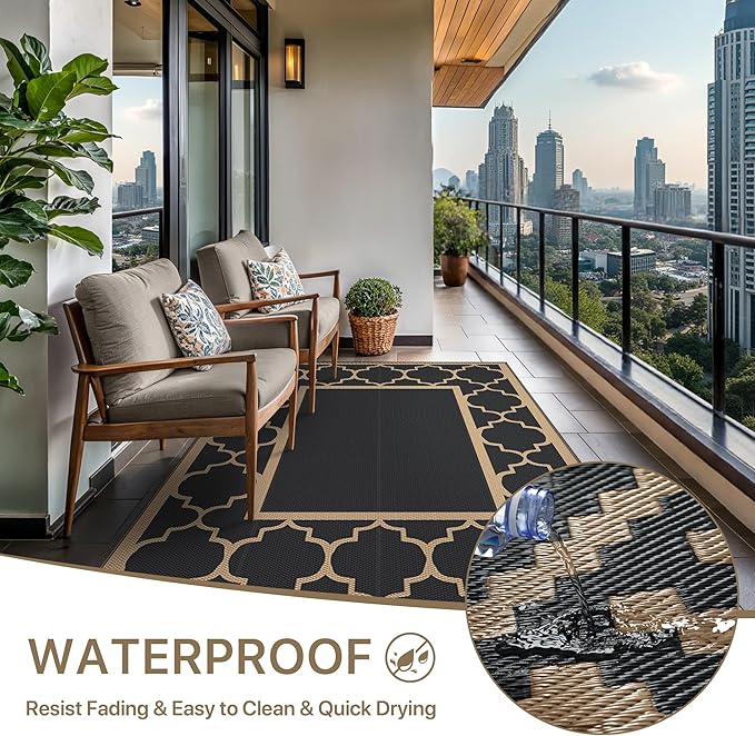 GENIMO Outdoor Rug 8' x 10' Patio Waterproof, Foldable Reversible Plastic Straw Area Rugs Mat for Camper Decor, Outside Carpet for Rv, Deck, Porch, Picnic, Beach, Balcony, Black & Brown