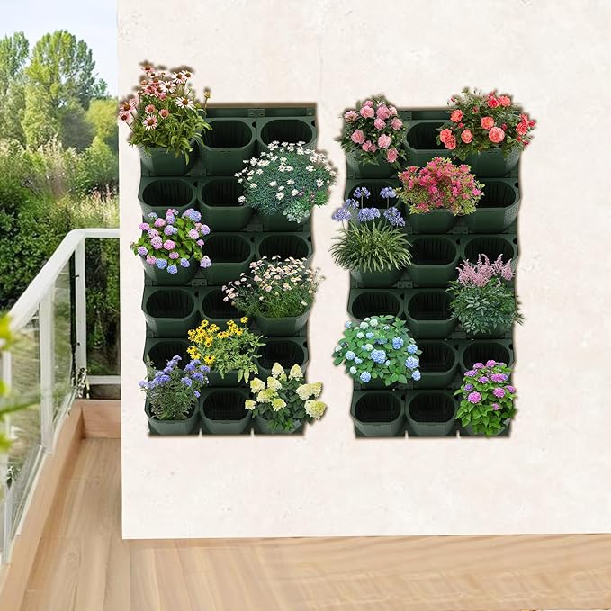 Wall Mounted Vertical Garden Planter with 36 Pots, 6 Row Vertical Stackable Hanging Planters, Indoor Outdoor Flower Pot Holder for Herbs Vegetables Fruits (Army Green)