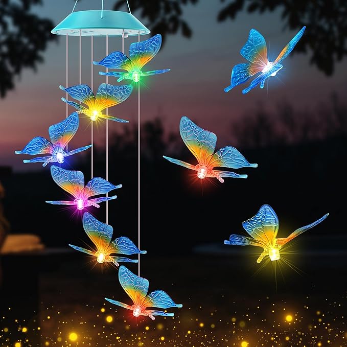 Solar Butterfly Gift for Mom Girls, Color Changing Christmas Wind Chimes for Outside, Solar Outdoor Decorative Mobile Lights for Garden, Yard, Patio, Window, Christmas Decorations, Gift for Women