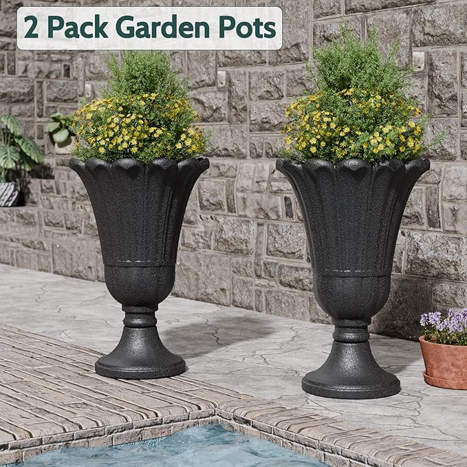 23.6" Tall Plastic Urn Planters for Outdoor Plants, Set of 2 Heavy-Duty Classic Indoor Large Flower Pots with Drainage Holes & Petal Design, Outdoor Planters for Porch, Home Garden, Black