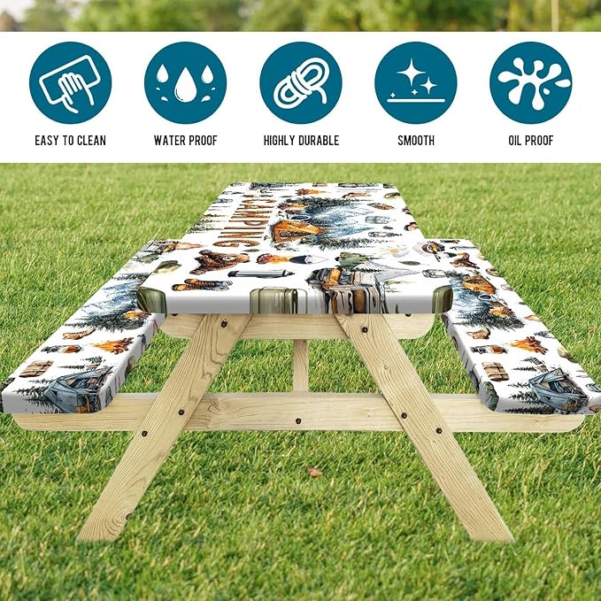 Picnic Table Cover with Bench Covers Camping Tablecloth Fitted Picnic Picnic Table Cover with Elastic Windproof Waterproof, Outdoor & Garden Camping Accessories Essentials 60In 3PCS