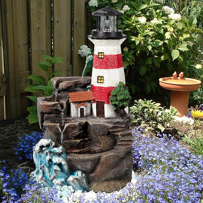Ferrisland Lighthouse Big Waterfall Fountain Outdoor, Freestanding Relaxing Water Fountain, Garden Backyard Decking Home Nautical Art Decor, Gift Ideas(Red & White, 23" H)