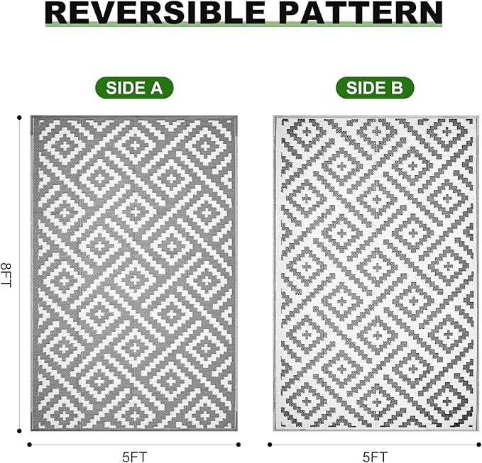 RURALITY Outdoor Rugs 5x8 Feet for Patios Clearance,Plastic Straw Waterproof Mats for Backyard,Porch,Deck,Balcony,Grey&White