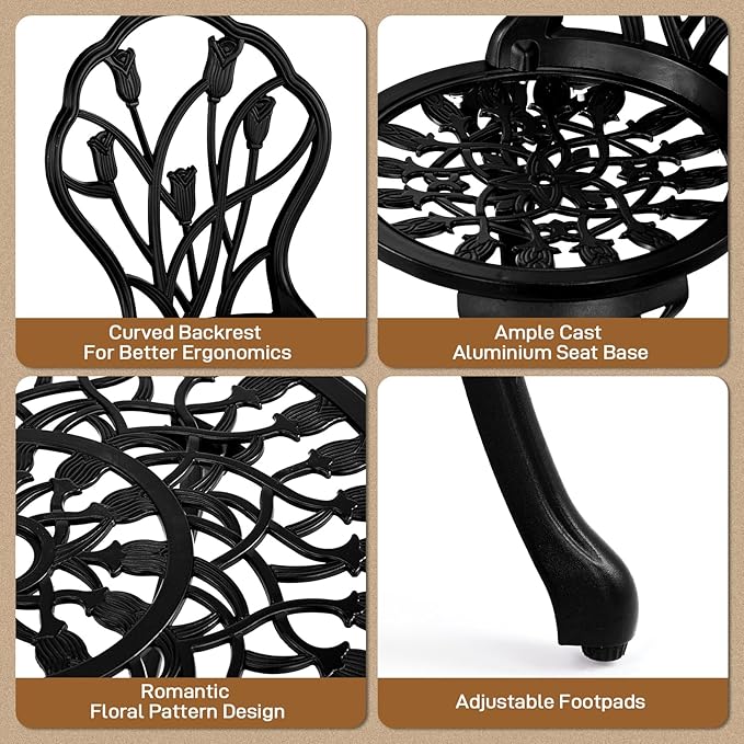 Outvita Patio Table and Chairs Set, Cast Aluminum Outdoor Cafe Table and Chairs Set of 3, Stability Patio Bistro Sets with Umbrella Hole for Garden, Patio, Balcony, Tulip Pattern Black