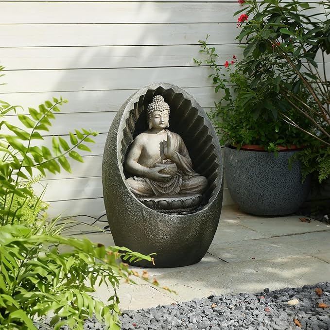 Water Fountain Outdoor Half-Encased Egg-Shaped Zen Buddha Fountain Indoor with Light Pump, Tranquil Relaxing Water Feature for Home Garden Patio Yard Balcony & Meditation Room, Brown