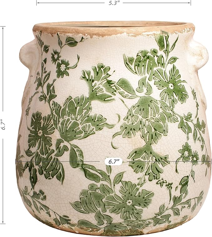 Ceramic Flower Vase Home Decor, Farmhouse Cottagecore Vases & Planting Pots with Drainage, English Cottage Kitchen Dining Table Decorations for House Living Room Bookshelf, Green