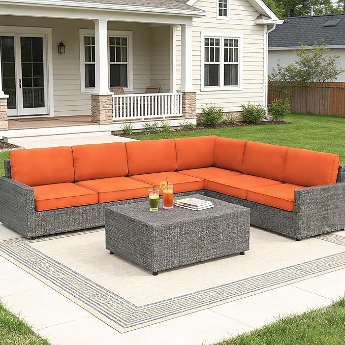 14 Pcs Outdoor Replacement Cushions for Patio Furniture, All Weather Water Resistant Cushion for 6 Seat Rattan Wicker Sectional Patio Conversation Sets and Couch (Orange)