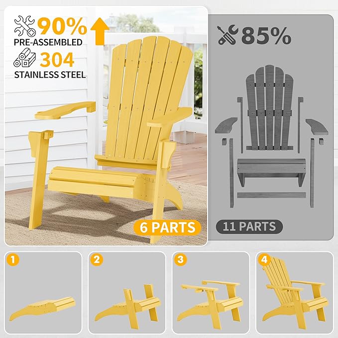 Psilvam Adirondack Chair, Oversized Poly Lumber Fire Pit Chair with Cup Holder, 350Lbs Support Patio Chairs for Garden, Weather Resistant Adirondack Chair Looks Like Real Wood (4, Yellow)