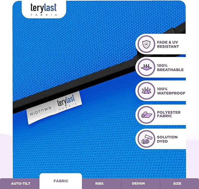 Midtown Umbrellas - 10-Year-No-Fade 6 Ft Patio Umbrella with Terylast Fabric, Auto-Tilt Aluminum Frame and 8 Reinforced Ribs for Deck, Pool, Garden & Beach - Cobalt Blue Canopy, Black Pole
