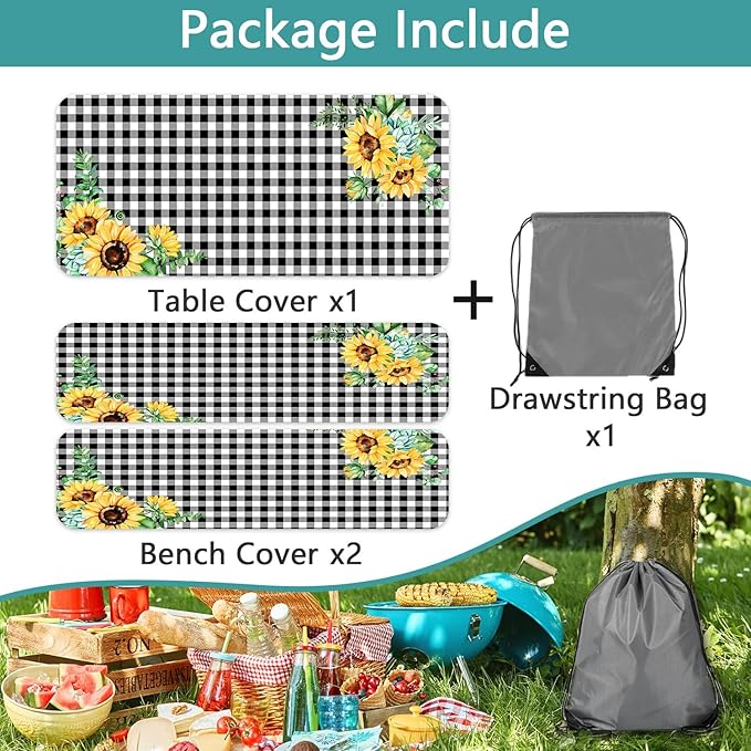 Picnic Table Cover with Bench Covers and Bag, Outdoor Waterproof Windproof Tablecloth with Elastic Edges. Camping Accessories RV Gear Campers 60x30 Inches 3 Pcs Set Black-White Checkered