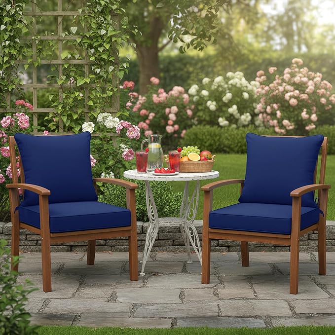Outdoor Chair Cushions Set of 2, Waterproof Backrest and Deep Seat Cushion Set for Patio Furniture, Outdoor Replacement Cushions with Removable Cover, 22 x 22 Inch, Navy