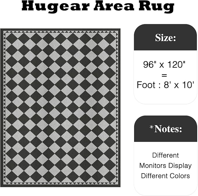 HUGEAR 8x10 Outdoor Rug Black/Grey Linen-Look Fabric Checkered Area Rug High Traffic Stain Resistant Easy Clean Durable Rugs for Indoor/Outdoor Patio Deck Balcony Porch Garden Courtyard