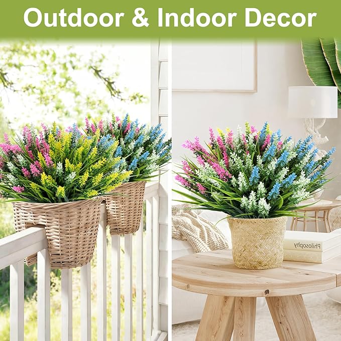 Geegoods Artificial Plants Flowers Outdoor – 24 Bundles UV Resistant Faux Lavender Flowers with Monkey Grass for Garden Porch Window Patio Hanging Planter Decor