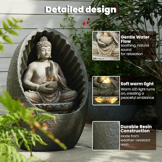 Water Fountain Outdoor Half-Encased Egg-Shaped Zen Buddha Fountain Indoor with Light Pump, Tranquil Relaxing Water Feature for Home Garden Patio Yard Balcony & Meditation Room, Brown