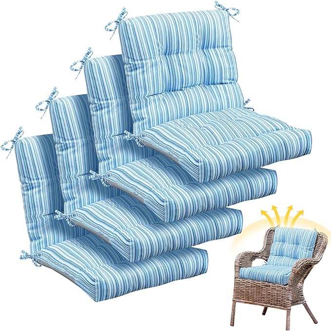 Marsui 4 Pcs Outdoor Indoor High Back Chair Cushions Patio Furniture Tufted Pillow with Ties All Weather Replacement Outdoor Rocking Chair Cushions, 42 x 21 Inches (Blue Stripes)