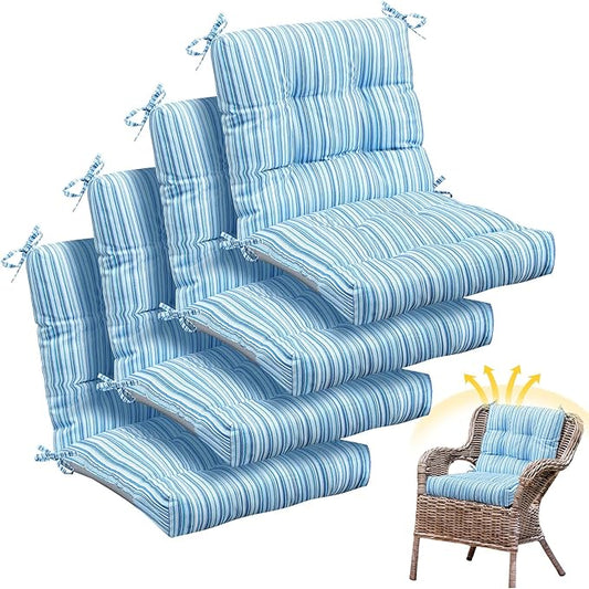 Marsui 4 Pcs Outdoor Indoor High Back Chair Cushions Patio Furniture Tufted Pillow with Ties All Weather Replacement Outdoor Rocking Chair Cushions, 42 x 21 Inches (Blue Stripes)