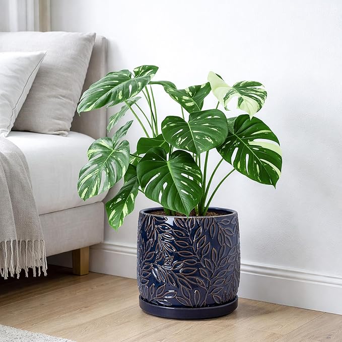 D'vine Dev 10 Inch Embossed Leaves Stoneware Planter Pot with Drainage Hole and Saucer, Midnight Blue, 27-A-P-3