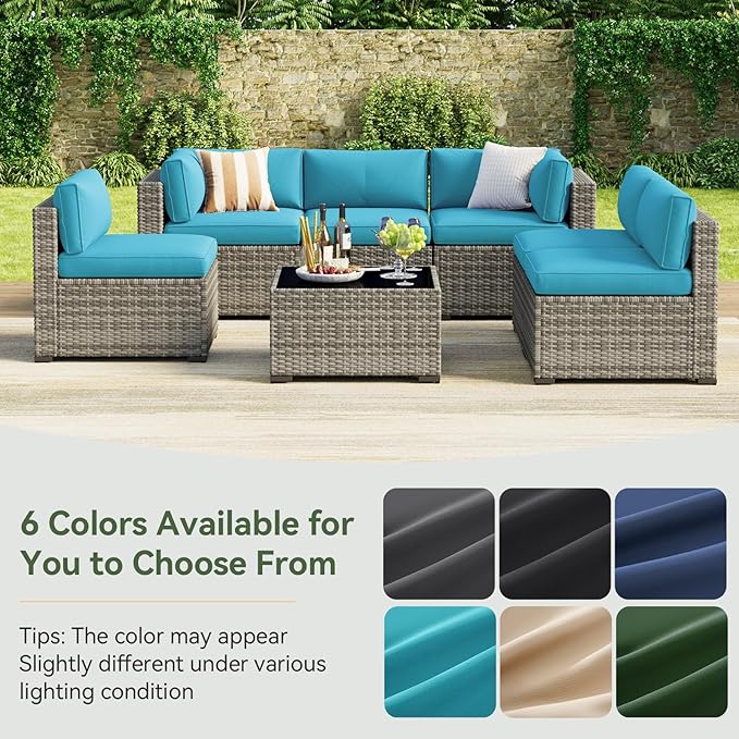 Aoxun Replacement Cushions for Outdoor Furniture, 14-Piece Outdoor Cushions for Patio Furniture, Deep Seat, Splash-Proof & Fade Resistant Couch Cushion for 6-Seat Patio Conversation Sets, Sky Blue