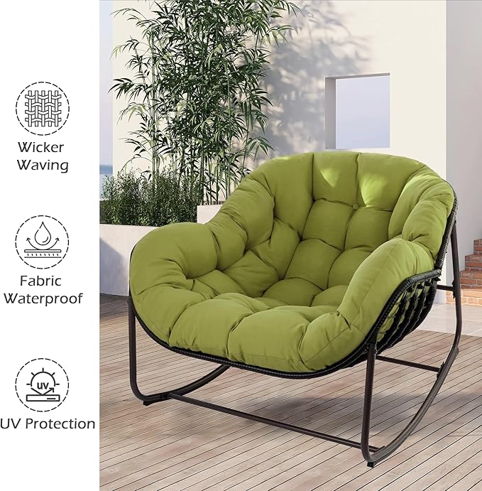 Papasan Rocking Chair, Oversized Papasan Chair with Cushion and Frame for Indoor& Outdoor, Deep Seat Egg-Shaped Rocker Chair for Garden, Deck, Living Room, Green