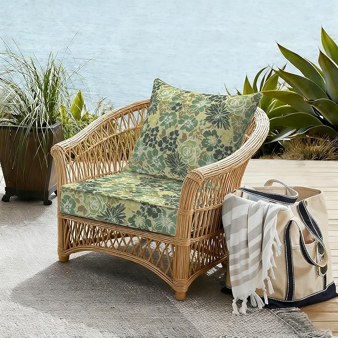 Outdoor Deep Seat Cushion Set, Water Repellent 22"x22" Patio Thick Cushions Replacement with Seat & Back Pillow for Patio Sofa, Wicker Chair, Couch - Green Rose