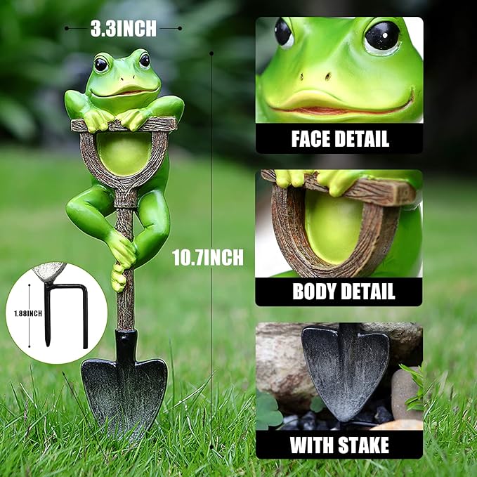 Frog Figurine Garden Statue Outdoor Decoration Frog with Shovel Plant Decor Landscape Resin Sculpture Gift Art Accessories Animal Ornament for Yard Lawn Patio Outside Backyard Home Pots