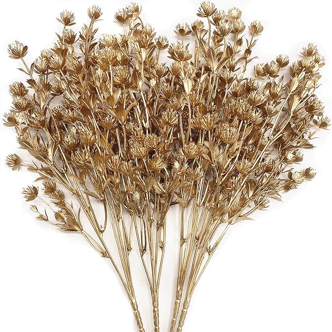 Artificial Christmas Flowers, Golden Baby Breath Gypsophila Plastic Plant Fake Plants for Wedding Bridal Bouquet Party Indoor Home Office Table Centerpieces Arrangements DIY Decoration - Gold 4 Pack