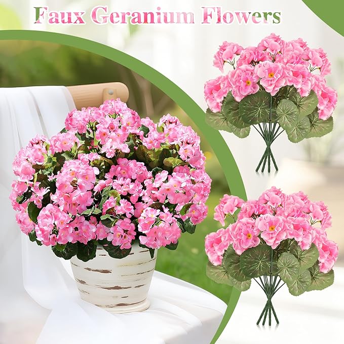 famibay Artificial Flowers for Outdoor Indoor Garden Home Decoration, 8 Bundles Silk Geraniums UV Resistant Look Real Faux Plants for Front Door Porch Planter Urn Patio Garden,Pink