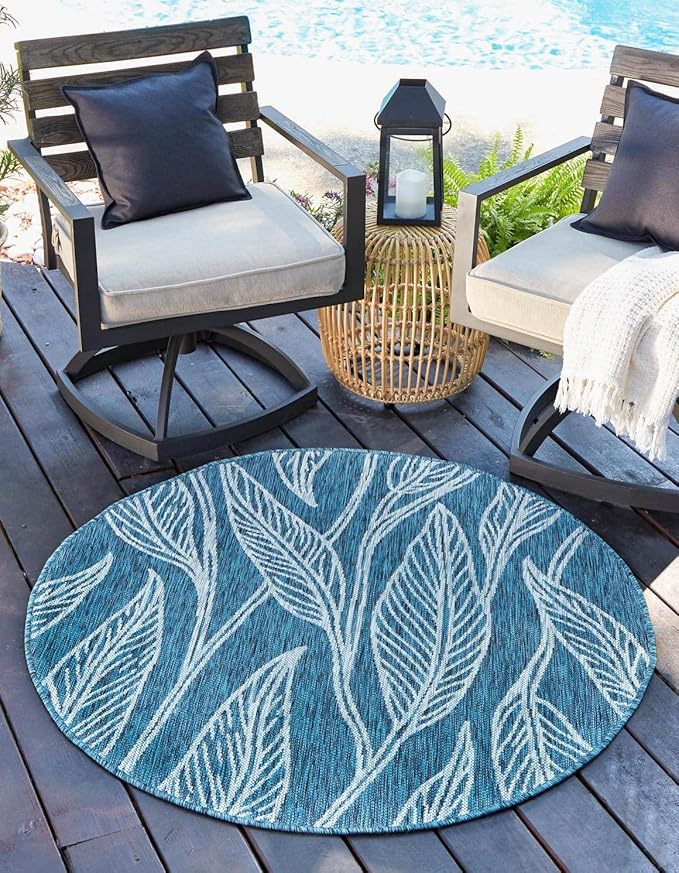 Unique Loom Outdoor Botanical Collection Area Rug - Leaf (10' 8" Round, Teal/ Ivory)