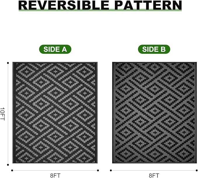 RURALITY Outdoor Rugs 8x10 Feet for Patios Clearance,Plastic Straw Waterproof Mats for Backyard,Porch,Deck,Balcony,Black&Deep Grey