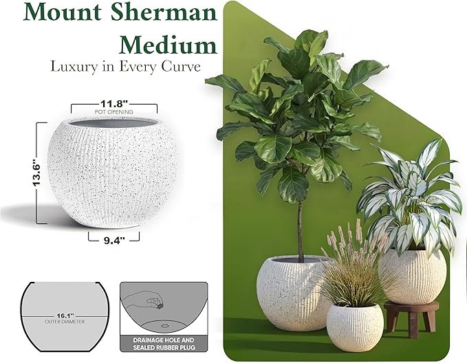 DTY Mt Sherman 16.1'' D x 13.6'' H (Pot Opening 11.8") Fiberstone Round Planter with Drainage Hole, Smooth Finishes, Weather Resistant for Indoor and Outdoor, 2 Extra Coco Mats - Ribbed White, Medium